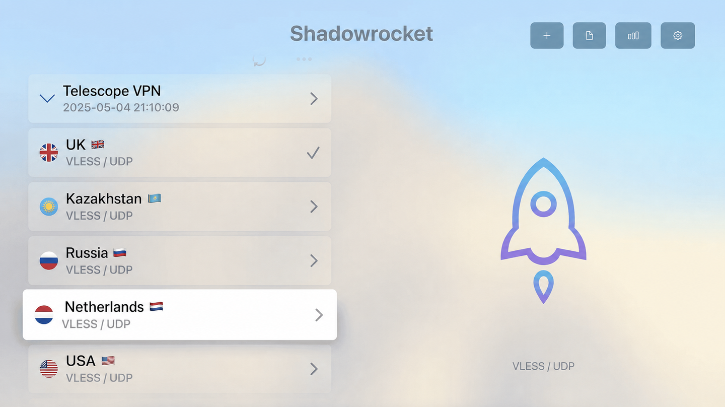 Шаг 8: выбор локации Telescope VPN